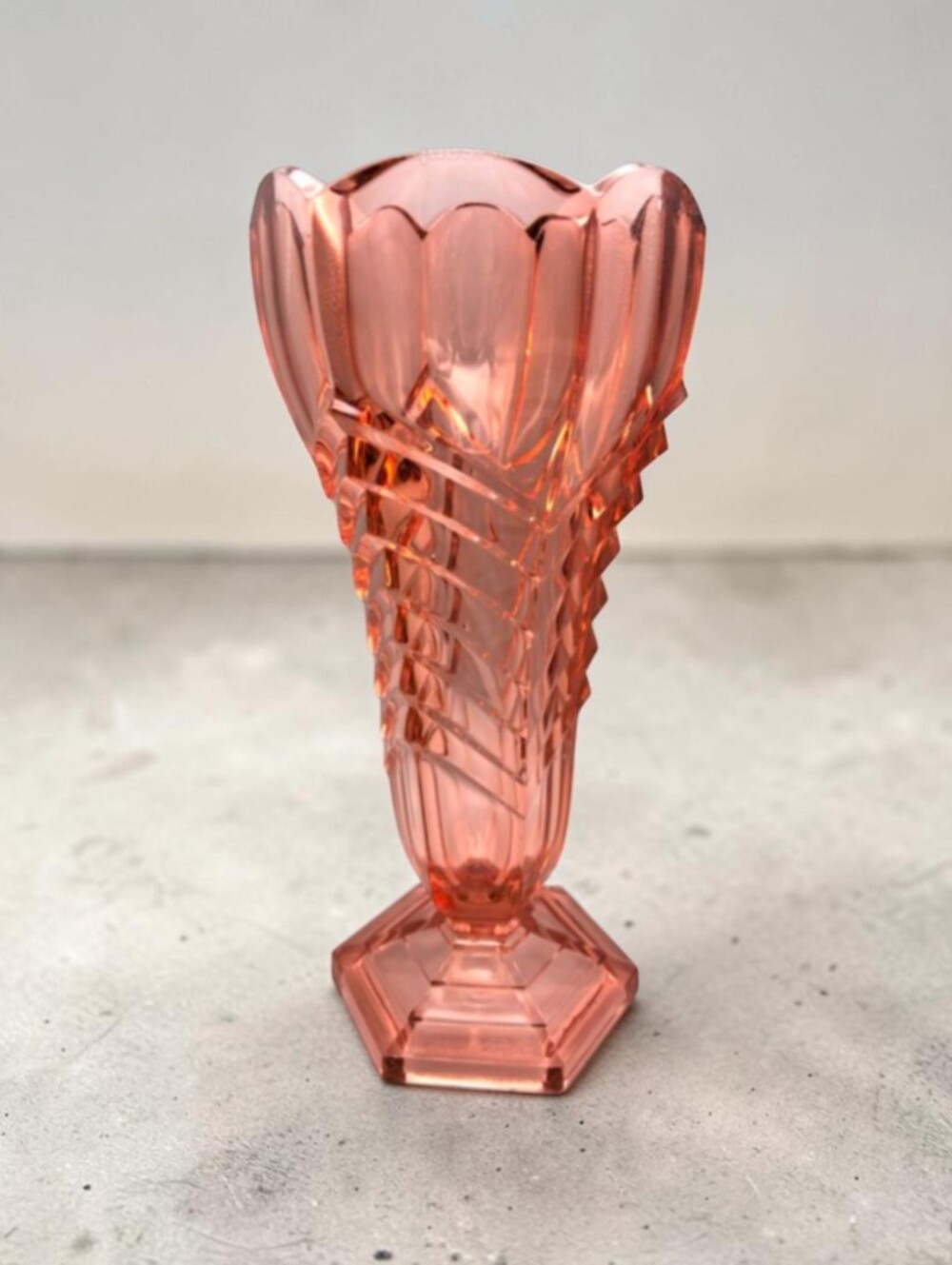 Antique Glass Art Deco Pink Glass Chevron Vases - 1930's Davidson Fullerton Pair